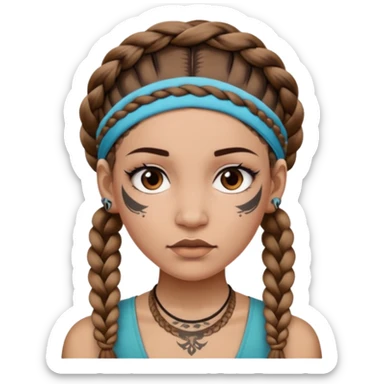 big lose braids starting from the top of the head woman face wiith big visible braids and mono color headband on head strict face and braids as big as headband and lots and lots of face tattoos sticker