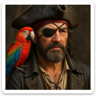 3d art of a pirate with eye patch and parrot in sticker