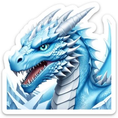 Cinematic Noble Fierce Ice Dragon Portrait Emoji, Poised and imposing, with a muscular, scaled body shimmering in glacial hues of icy blue, frostbitten silver, and crystalline white, breathing out frost, with piercing, glowing eyes that radiate the chilling depths of an arctic storm; rendered in detail. sticker