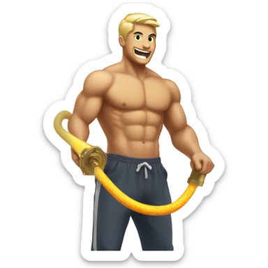 Shirtless gym bro spraying fire hose with gold water spra sticker