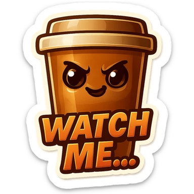 Tall coffee cup, mischievous eyes, "Watch me..." sticker