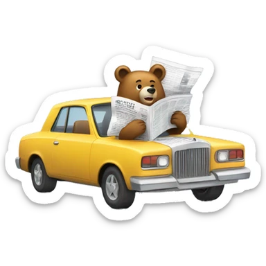 bear holding newspaper driving fast car sticker