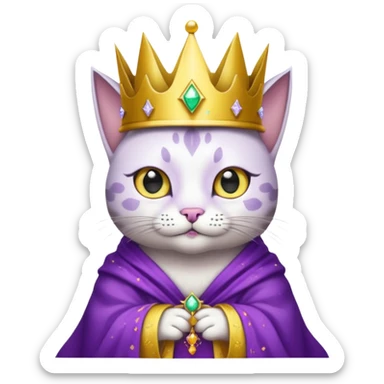 A wizard king cat that is mostly white with black spots and yellow eyes sticker