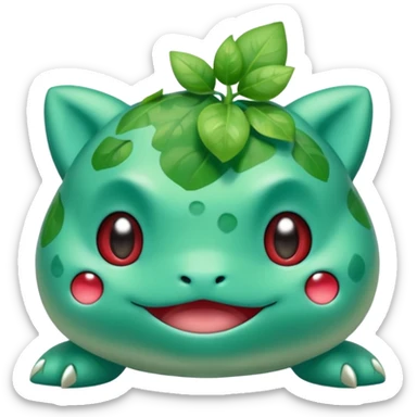 cute Bulbasaur Pokémon in Rednote app emoji style, rounded shiny face, expressive eyes, green and teal colors, musical note accent sticker