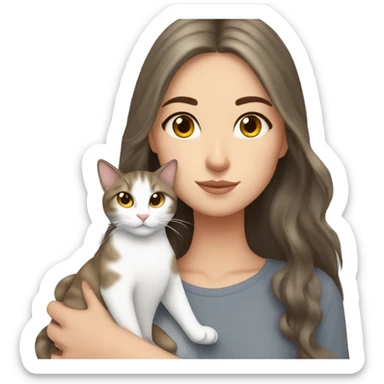 White Girl with Long Brown hair and golden Eyes snuggeling grey tigered cat  sticker