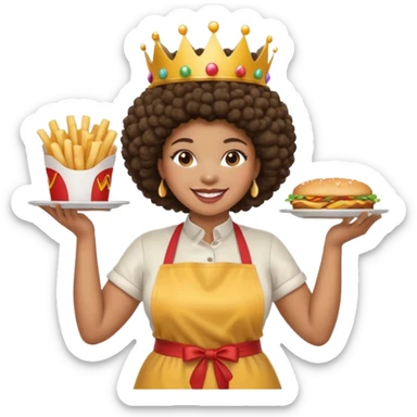 Mujer curvy afro, con vestimenta cómoda y delantal,con una corona sobre su cabeza y sonrisa contagiosa. Entre brazos comida rapida sticker
