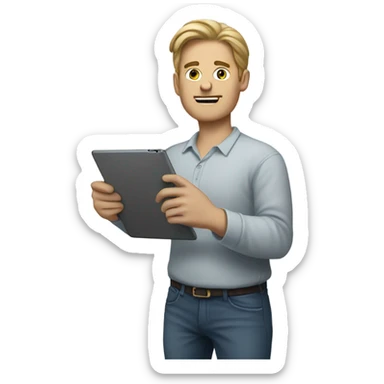 white man standing with ipad sticker