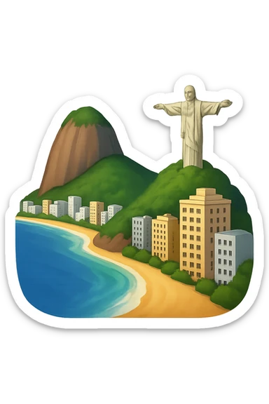 Remove the sky background from the Rio de Janeiro emoji, keeping everything else the same: the majestic vista of the skyscraper-lined beach, the mountain, and the Christ the Redeemer statue, with lifelike detail, bright lighting, and accurate colors. The background should be fully transparent. sticker