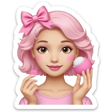 female face, light skin tone, small simple closed smile. One hand visible holding a round fluffy pink makeup powder puff pressed to the cheek; the puff has a small satin bow. sticker