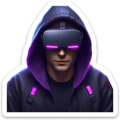 Russian man wearing a black hoodie with "OMG" letters on it and VR headset in a cyberpunk VR environment with violet neon lighting. sticker