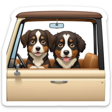 Cream colored ford bronco with no roof and Bernese mountain dog in the seat sticker