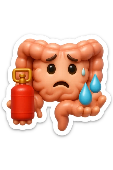 EMOJI STILE IPHONE DI un'intestino preoccupato che ha una bombola di gas in mano e due gocce di acqua in 3d nell'altra mano, IPERREALISTICO 4K sticker
