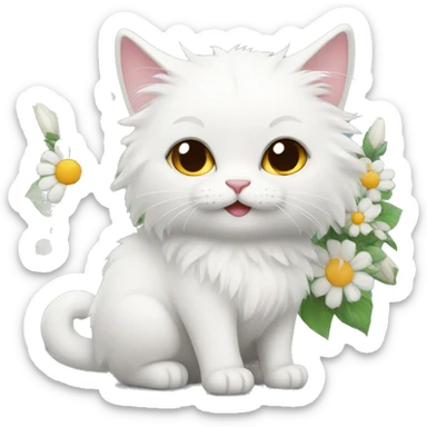Fluffy white cat with flowers  sticker