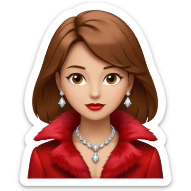 * Character: A stylish lady,brown hair
* ﻿﻿Clothing: A luxurious red fur coat
* ﻿﻿Accessories: A dazzling diamond necklace
* ﻿﻿Expression: Confident, elegant, maybe slightly glamorous
* ﻿﻿Pose: Head slightly tilted or a poised posture
* ﻿﻿Style: Emoji-like, simple but expressive sticker