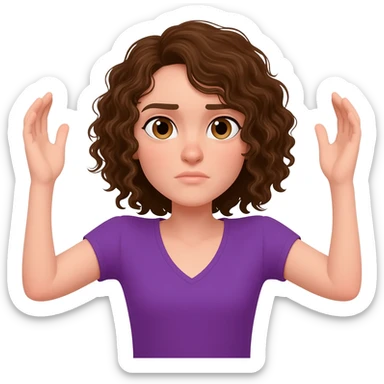 brown curly shoulder length hair, hair touching shoulders, hazel eyes, pail skin, purple v-neck shirt, arms up in an emoji shrug position. sticker