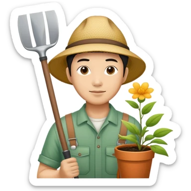 Asian gardener named Yong with gardening tools sticker