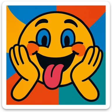 happy face with tongue out and hands on both sides of the face, vibrant toon style sticker
