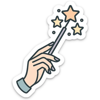 elegant female hand with almond-shaped nails holding a magic wand, stars flying out of the wand, Chinese eastern style, thin clean contours, soft rounded shapes, pastel palette #98B5BC, #B5B3C1, #C9A3C9, #E4C0CA, #F7DCD1, #F7C0AA, detailed shadows and highlights, soft lighting, transparent background, no decorative elements sticker