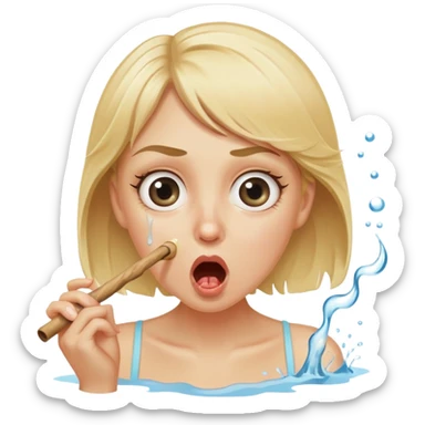 blond woman with wide eyes, holding a wide skin-colored stick with a nibble on the edge, water squirting from the stick into her mouth, shocked face sticker