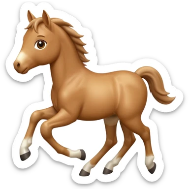 3D Apple-style emoji of a running foal. Small young horse with light brown body, short mane, big eyes, rounded and glossy, smooth shading, white background.

 sticker