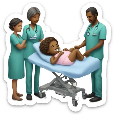 a woman gives birth and doctors stand nearby sticker