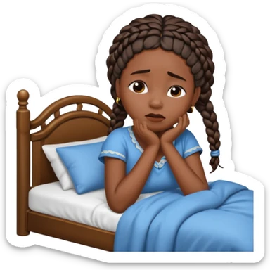 Black woman with braids in a big king size bed on one side by herself crying sticker