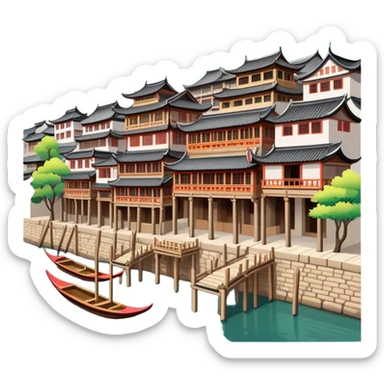 Fenghuang Ancient Town with wooden stilt houses by river, simplified emoji style with bold outlines and bright colors, cartoon style traditional Chinese buildings sticker