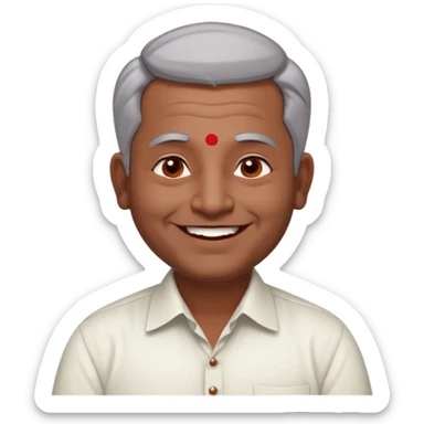 50 yr old indian man, dark skin, grey hair, big smile, white teeth, chubby, no moustache, clean shaven, young style hair, hair brushed back, 5 oclock shadow, bindy, dress shirt, forehead dot, chubby, religious, red dot sticker