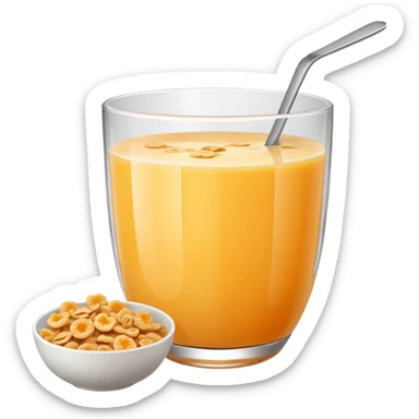 One glass of juice and a bowl with cereals sticker