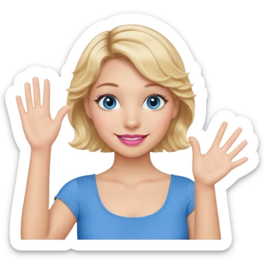 Girl Blonde short wavy hair,  blue eyes, cute blue top, long lashes, pink lips, smiling, one hand palm up sticker