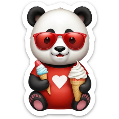 Panda with sunglasses that eat an ice cream with a red and white t-shirt sticker
