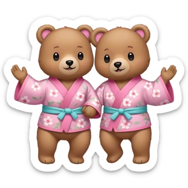 Two cute light-brown bears wearing pastel pink sakura-patterned kimonos, normal balanced body ratio.  
Holding hands and dancing happily together with music note icons and joyful movement lines.  
Kawaii emoji style, minimalistic clean sticker illustration, white background. sticker