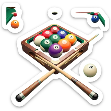 Two crossed pool cues resting on a billiard table, with colorful billiard balls scattered across the surface. The background features the felt of the table, creating an inviting atmosphere for a game of precision and strategy sticker