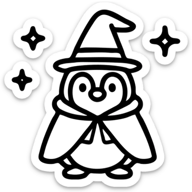 cute penguin with a wizard hat and cloak icon clean lines magical sparkles sticker