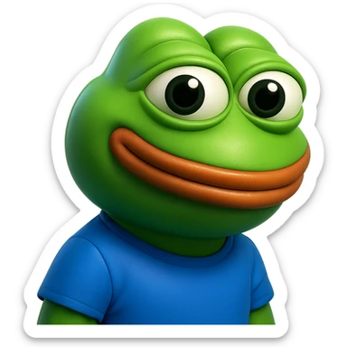 pepe in
- 3d style
- bright green
- blue shirt
- smiling
- looking straight at the camera
- good highlights and shadows
- 30deg angled towards the right sticker