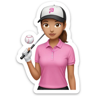 A female golfer with a pink polo shirt, a black skirt, and a white baseball cap. sticker