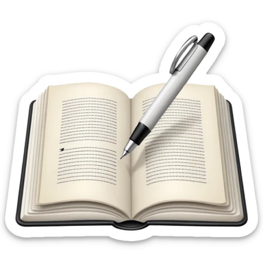 "A white open book,The pen should be positioned as placed exactly in the center between the pages.  if held by a right-handed person - meaning the direction is reversed compared to a left-handed grip. The pen should be uncapped, and the cap placed behind it." sticker