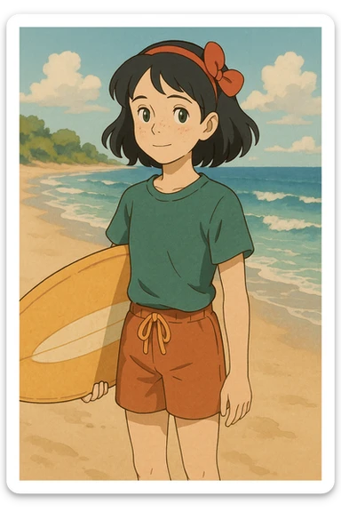 14-year-old girl resembling Snow White, hair slightly below shoulders, small green eyes, some freckles, surfer, medium height, Ghibli style sticker