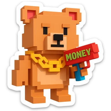 A grizzly bear with a chain and a money gun, voxel style, facing forward sticker