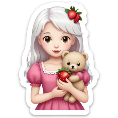 girl with white hair holding a strawberry wearing a pink dress holding a teddy bear sticker
