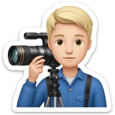 photographer holding a camera with a large telezoom lens sticker