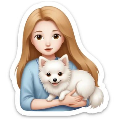 long light brown hair girl with pale skin holding one white Japanese spitz dog in her arms sticker