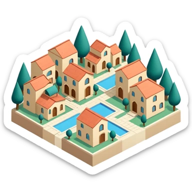 little city and many, small, ordinary, simple, home, Iranian-style, 1980, isometric sticker