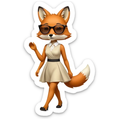 serious anthropomorphised female fox in stylish dress with sunglasses, walking with confidence, full-body view sticker