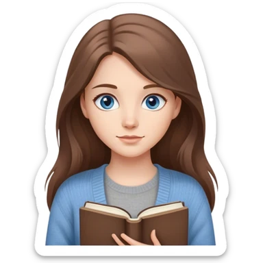 a young woman with long brown hair and blue eyes, with a in a cute gray cardigan with a book  sticker
