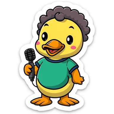 duck with Jeff Ross's curly hair and a microphone sticker