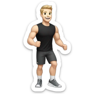 Joyful Celebrating victory Pale skinned Fit Man With the biceps and dark brown hair in black shirt, gray sports shorts and white Sneakers sticker