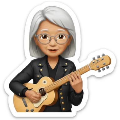 guitar rock player, elderly woman asian head, black jacket sticker