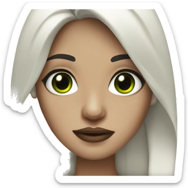 white woman with long dark brown hair, septum piercing and green eyes sticker