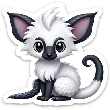 Fantasy-fantasy creature, black ears, no Scapha, black long scaly tail, big eyes, black eyes, white fur, black claws, cute, adorable sticker